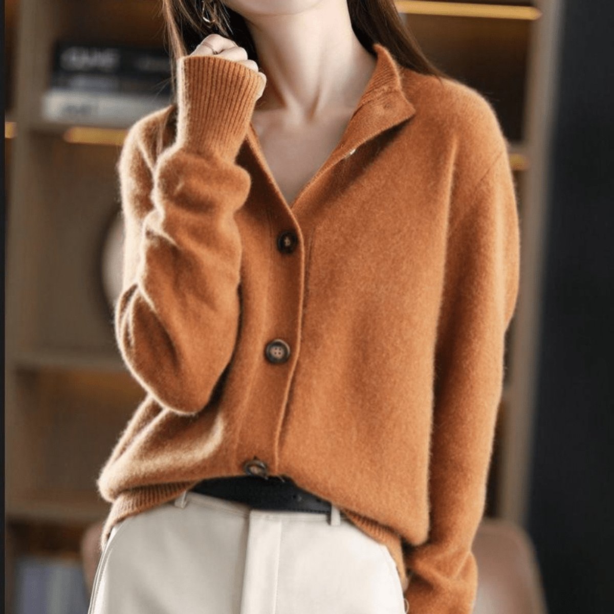 Women's Cashmere Blend Cardigan Sweater with Button Front | Mock Neck Knitwear, Relaxed Fit for Fall and Winter | Size S-2XL