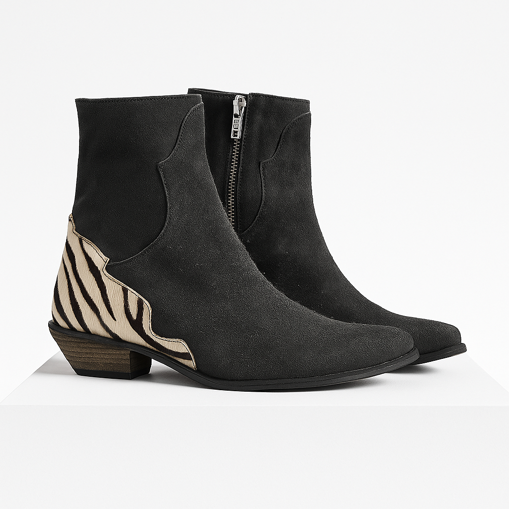 Women's Ankle Boots with Zebra Print Back Panel | Side Zip, Almond Toe, Low Cuban Heel | Sizes 3-8.5, 4 Colors