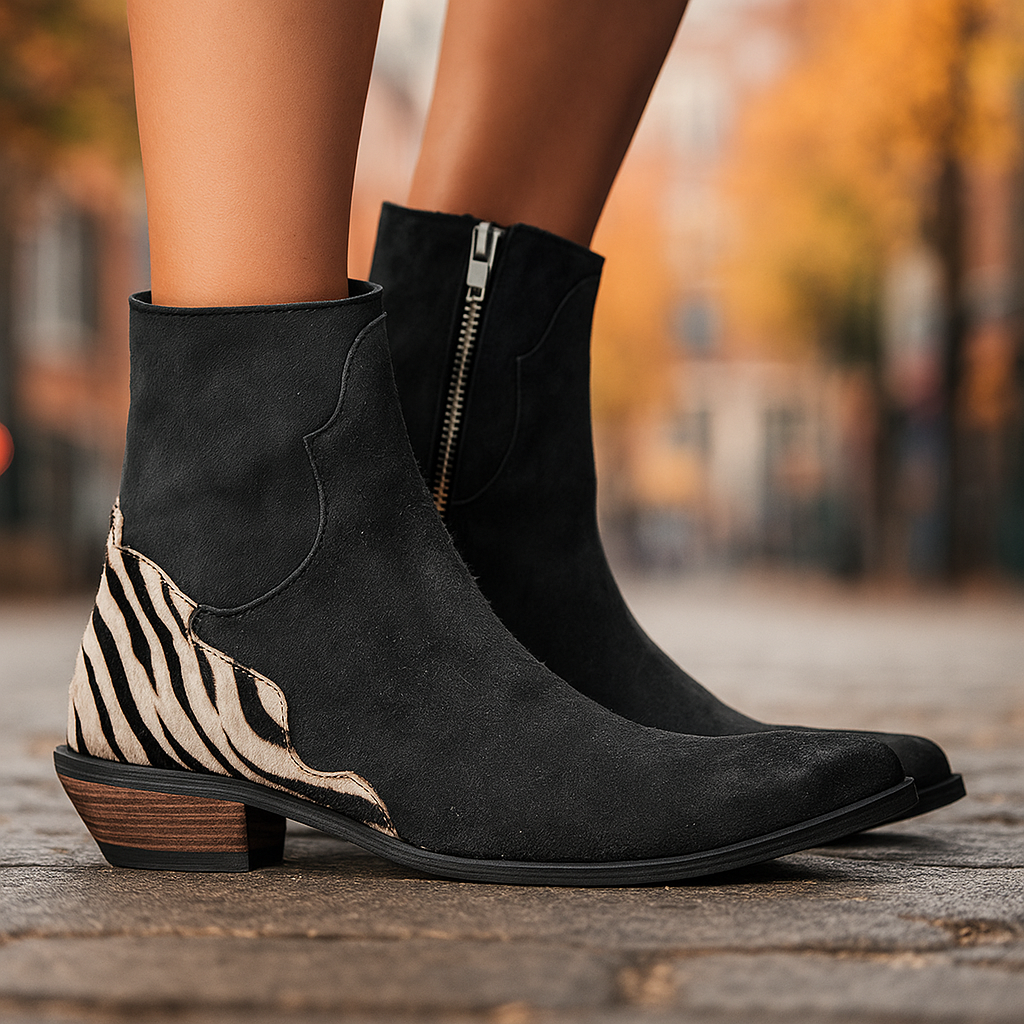 Women's Ankle Boots with Zebra Print Back Panel | Side Zip, Almond Toe, Low Cuban Heel | Sizes 3-8.5, 4 Colors