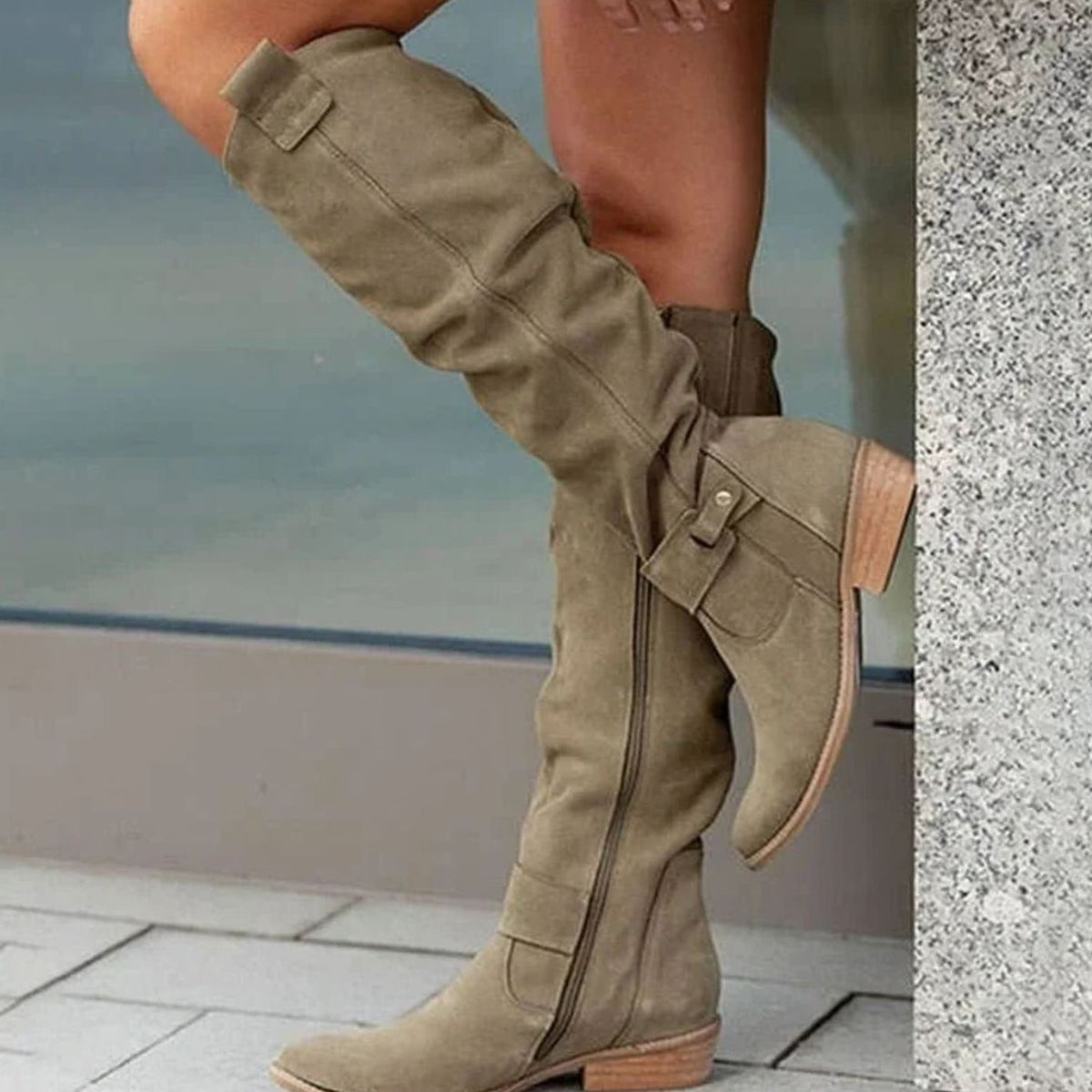 Women's Slouchy Knee High Boots in a Suede Look | Low Block Heel, Ankle Buckle Strap, Cushioned Footbed | Sizes 4-12, 5 Colors