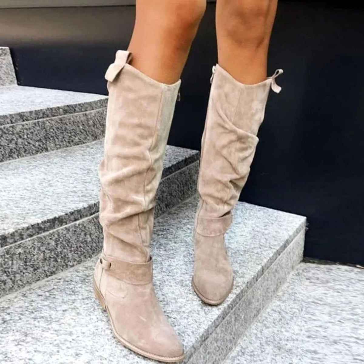 Women's Slouchy Knee High Boots in a Suede Look | Low Block Heel, Ankle Buckle Strap, Cushioned Footbed | Sizes 4-12, 5 Colors
