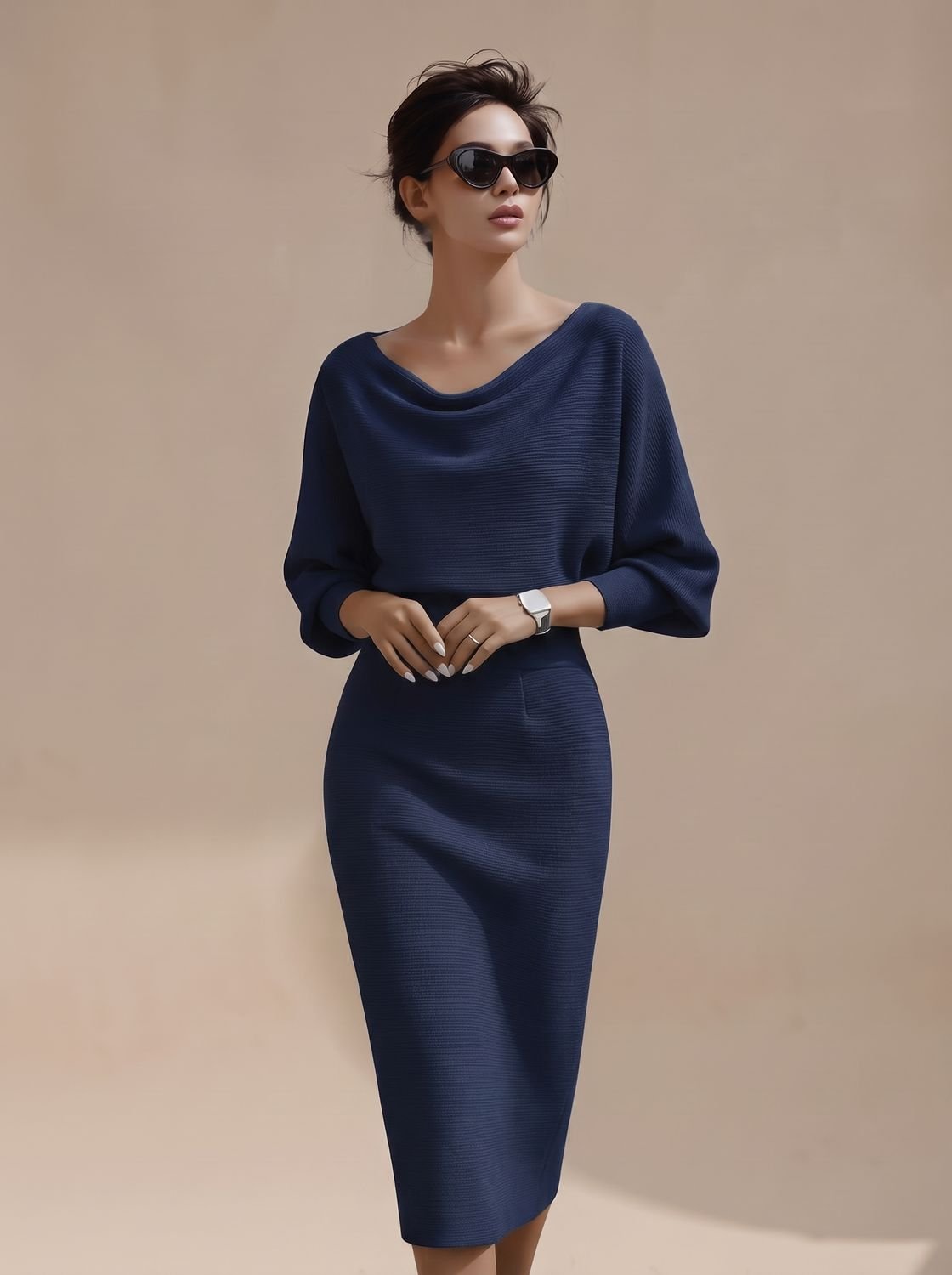 Women's Midi Knit Dress with Draped Cowl Neck | Batwing Sleeves, Fitted Pencil Skirt | Sizes S-3XL, 3 Colors