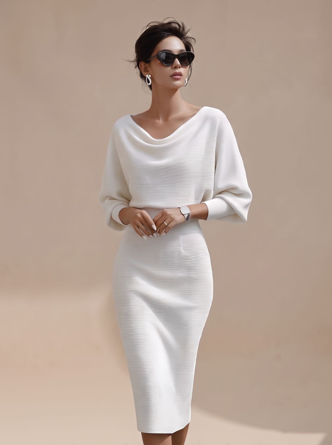 Women's Midi Knit Dress with Draped Cowl Neck | Batwing Sleeves, Fitted Pencil Skirt | Sizes S-3XL, 3 Colors