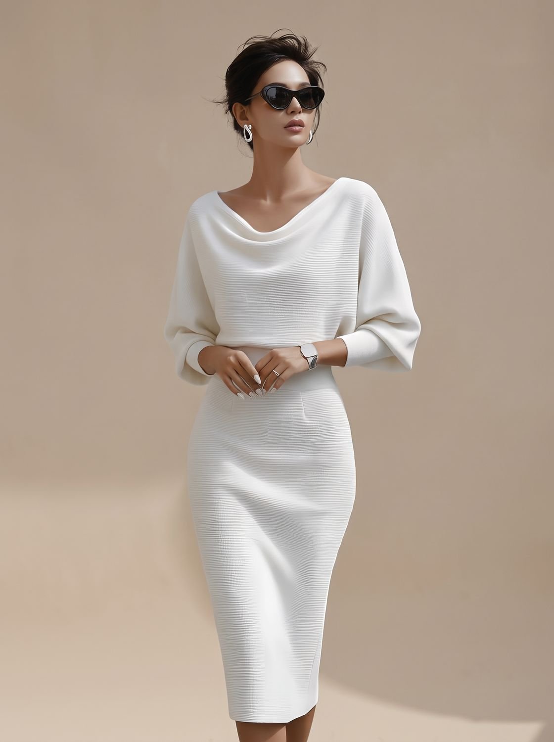 Women's Midi Knit Dress with Draped Cowl Neck | Batwing Sleeves, Fitted Pencil Skirt | Sizes S-3XL, 3 Colors
