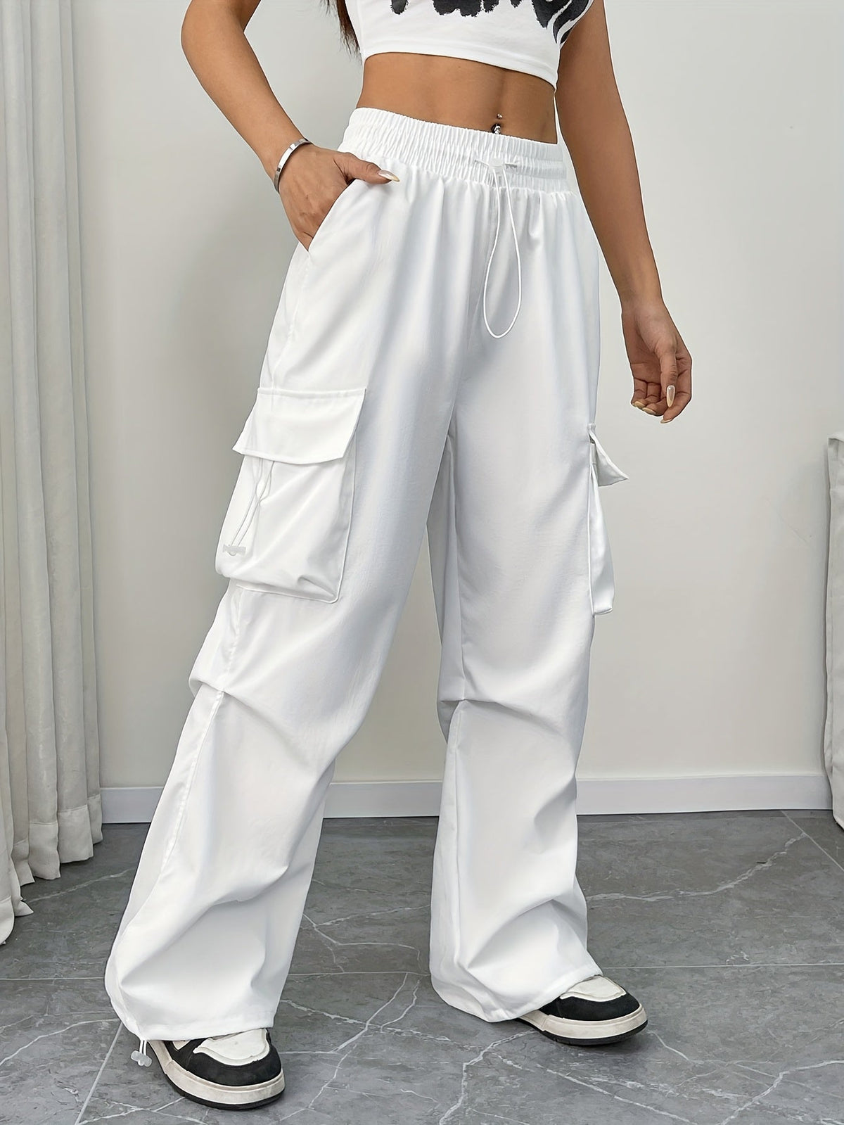 Women's Wide Leg Cargo Pants with Drawstring Elastic Waist | Relaxed Fit Trousers with Side Pockets | Size S-XL