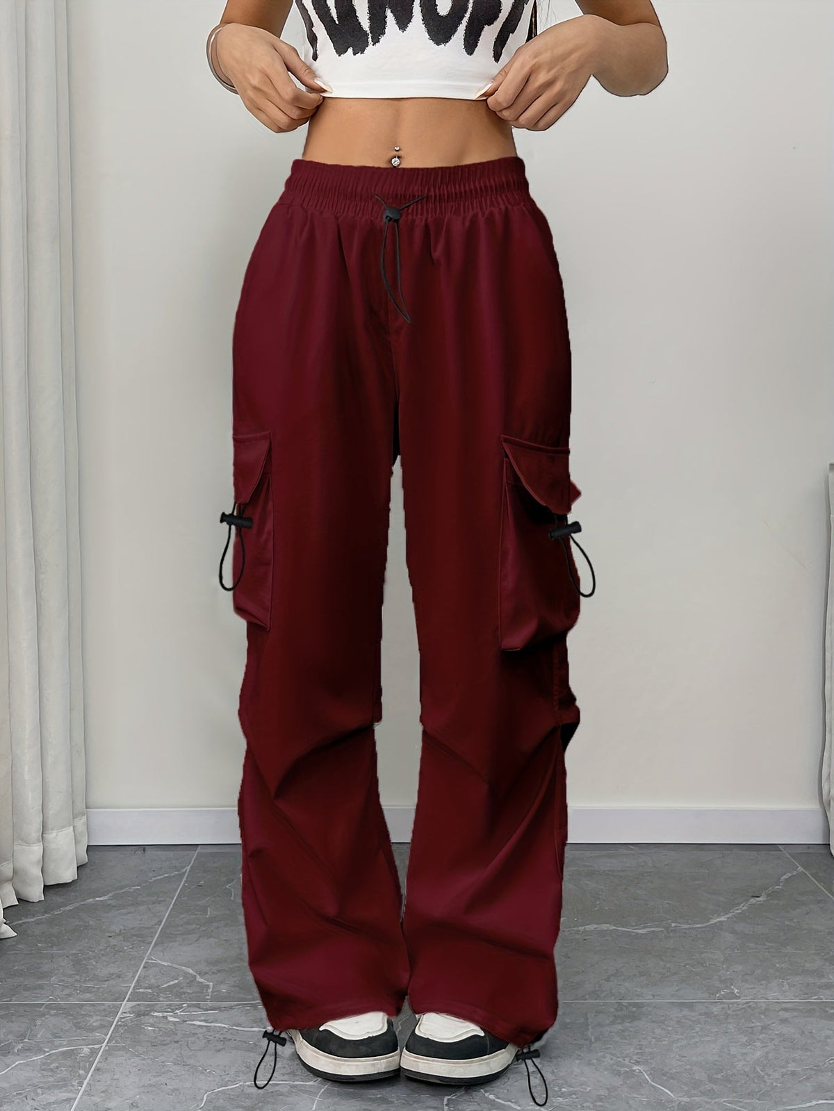 Women's Wide Leg Cargo Pants with Drawstring Elastic Waist | Relaxed Fit Trousers with Side Pockets | Size S-XL