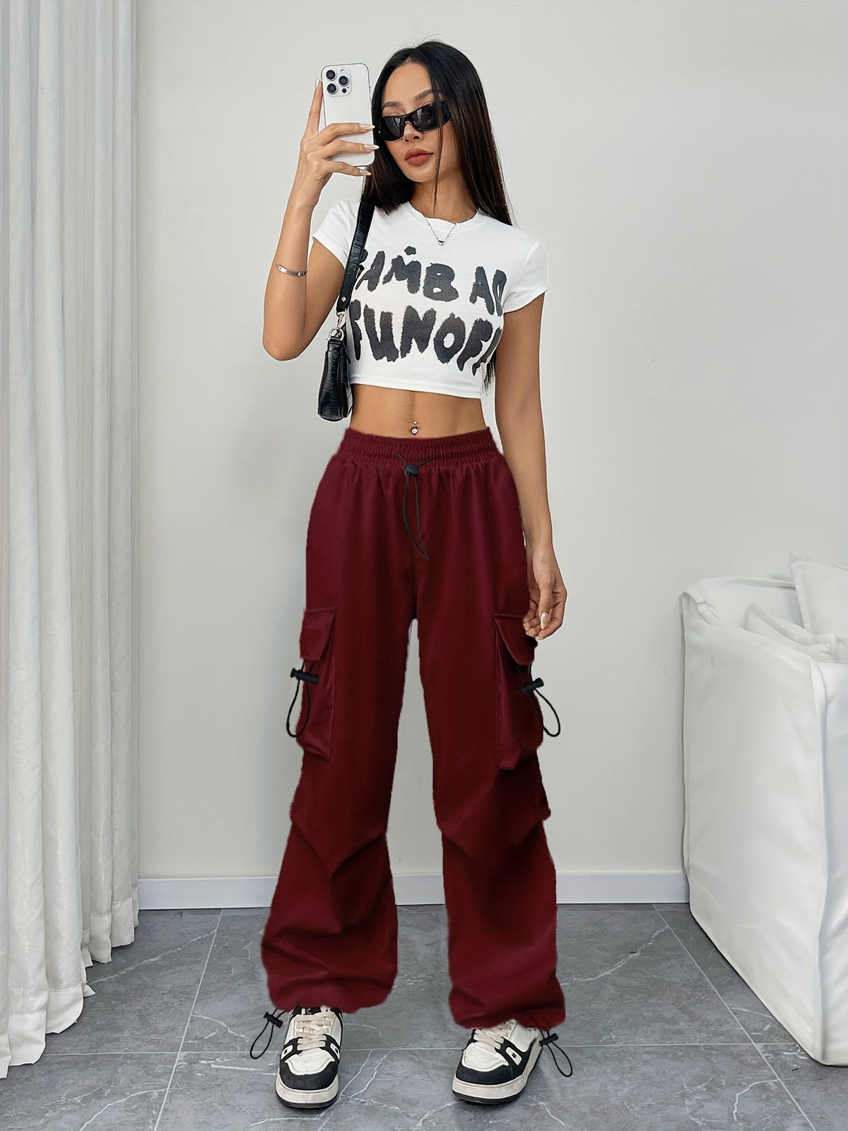Women's Wide Leg Cargo Pants with Drawstring Elastic Waist | Relaxed Fit Trousers with Side Pockets | Size S-XL