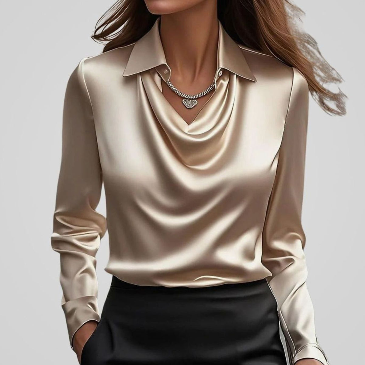 Women's Satin Blouse with Draped Cowl Neckline | Long Sleeve, Pointed Collar | Sizes XS to 2XL, Multiple Colors