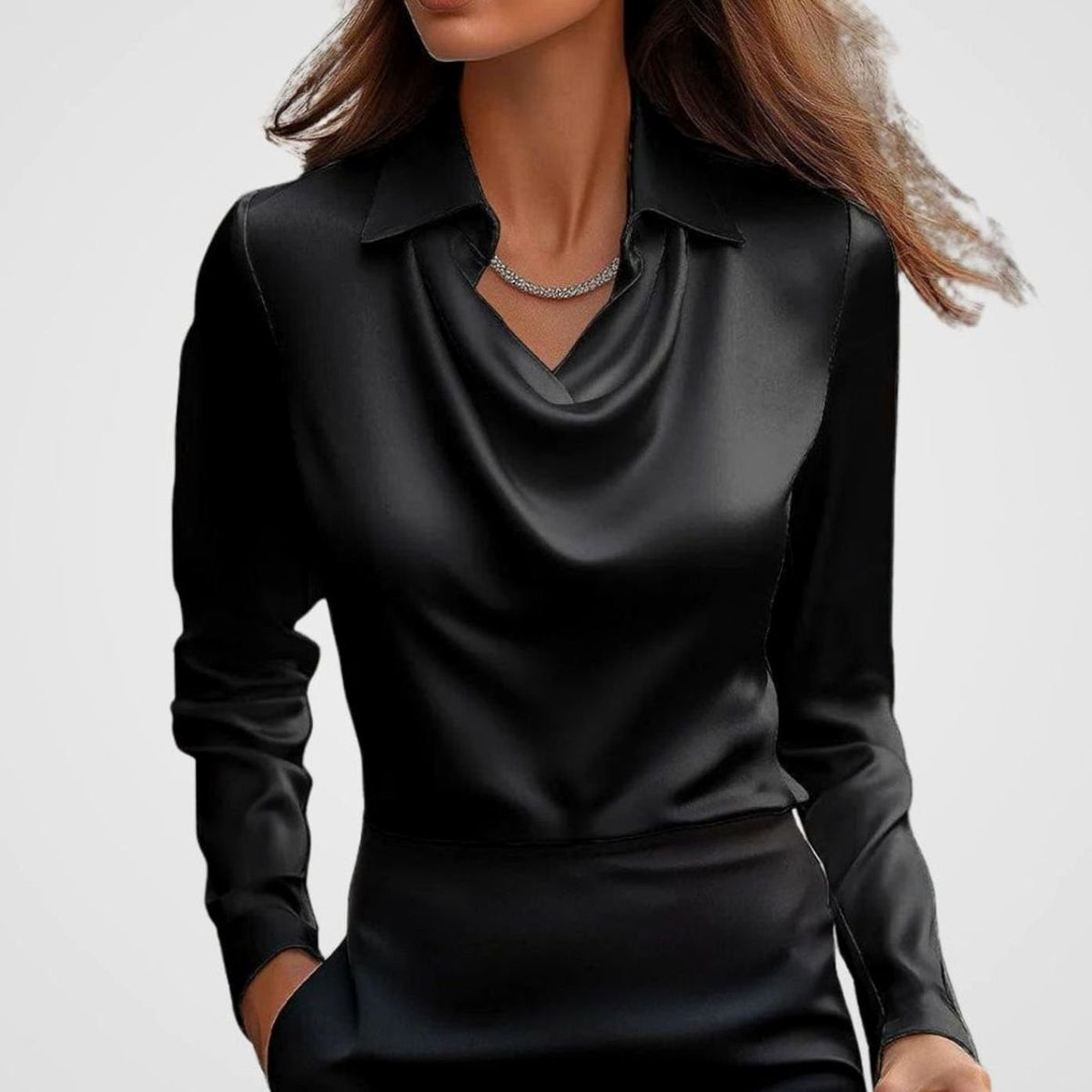 Women's Satin Blouse with Draped Cowl Neckline | Long Sleeve, Pointed Collar | Sizes XS to 2XL, Multiple Colors