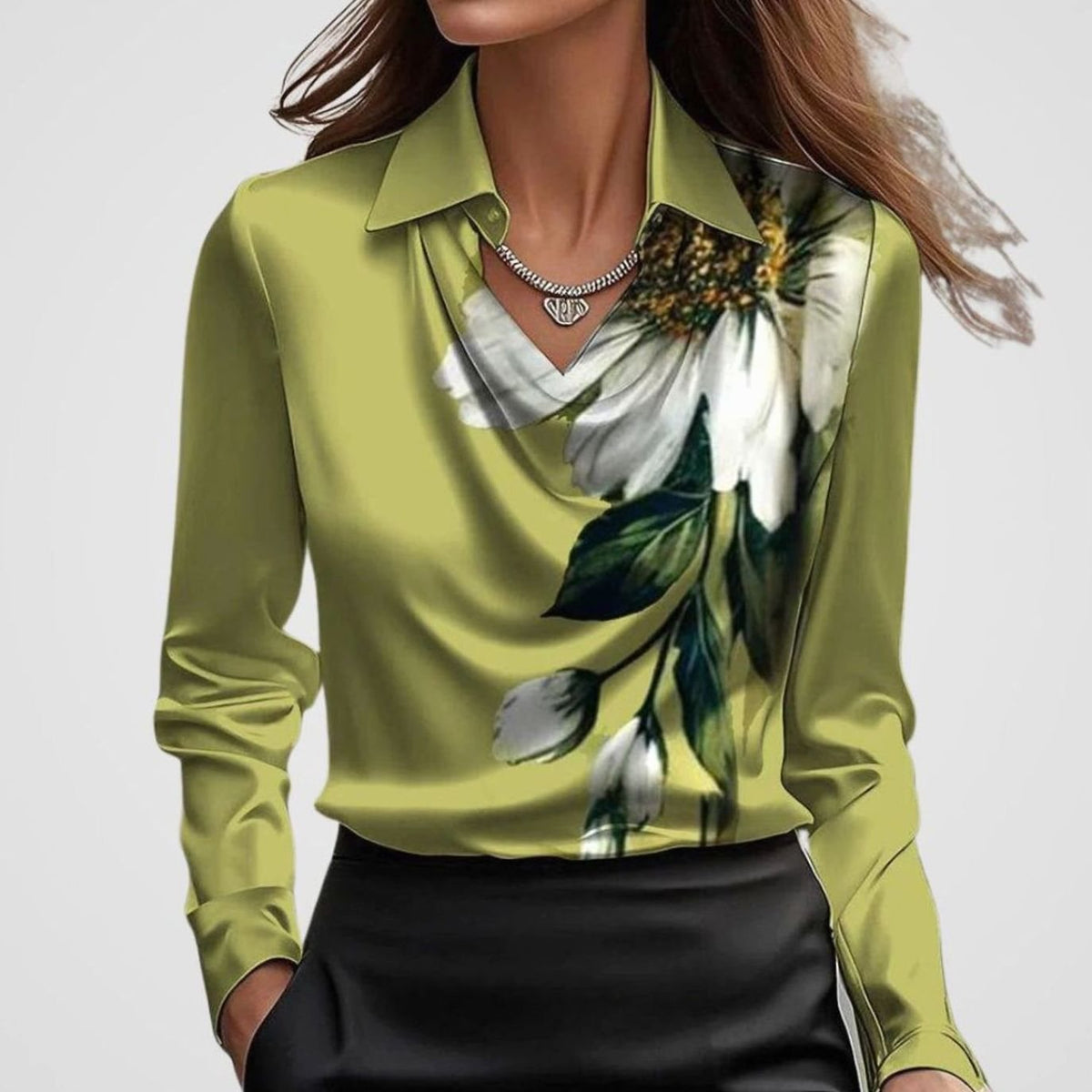 Women's Satin Blouse with Draped Cowl Neckline | Long Sleeve, Pointed Collar | Sizes XS to 2XL, Multiple Colors