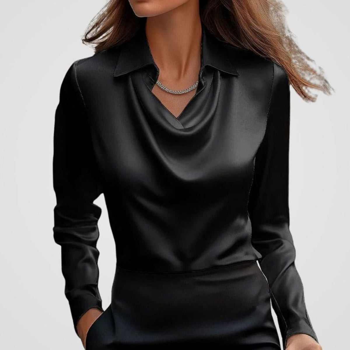 Women's Satin Blouse with Draped Cowl Neckline | Long Sleeve, Pointed Collar | Sizes XS to 2XL, Multiple Colors