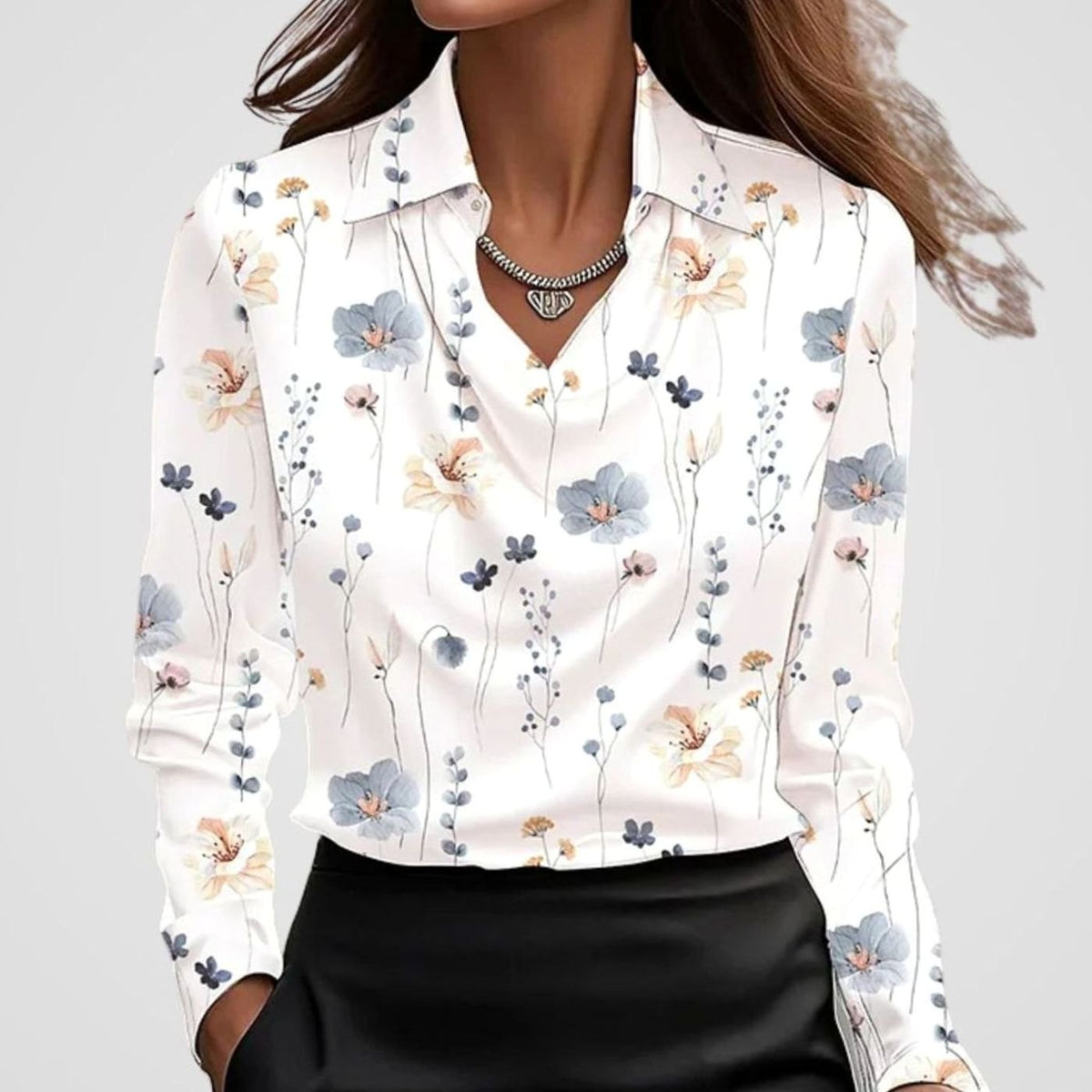Women's Satin Blouse with Draped Cowl Neckline | Long Sleeve, Pointed Collar | Sizes XS to 2XL, Multiple Colors