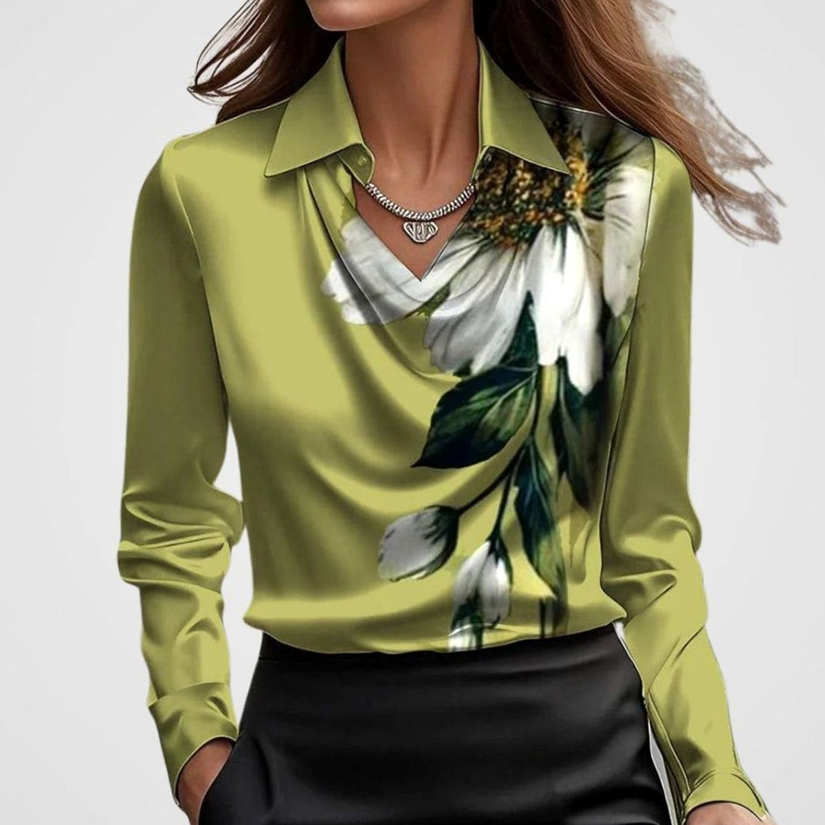 Women's Satin Blouse with Draped Cowl Neckline | Long Sleeve, Pointed Collar | Sizes XS to 2XL, Multiple Colors