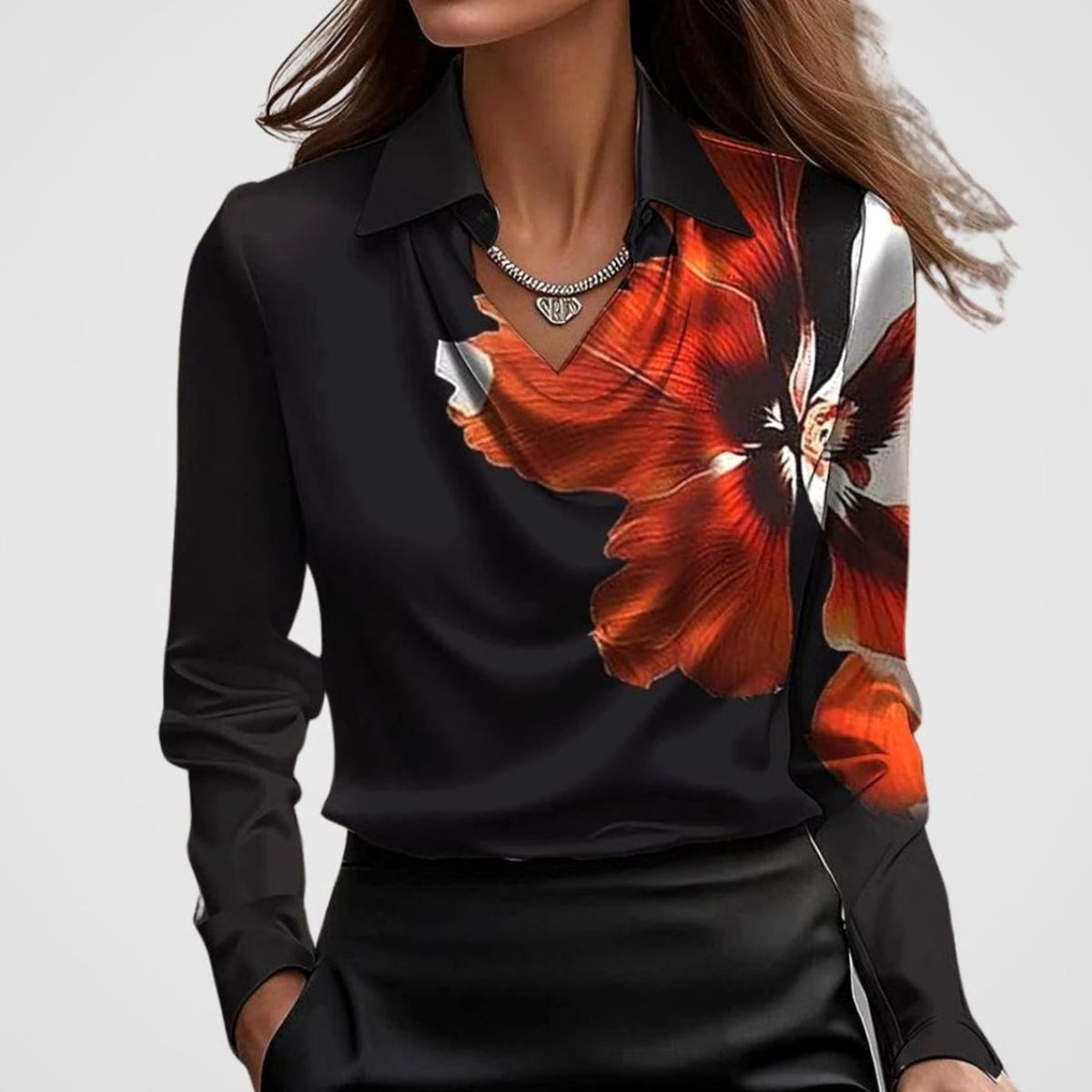 Women's Satin Blouse with Draped Cowl Neckline | Long Sleeve, Pointed Collar | Sizes XS to 2XL, Multiple Colors