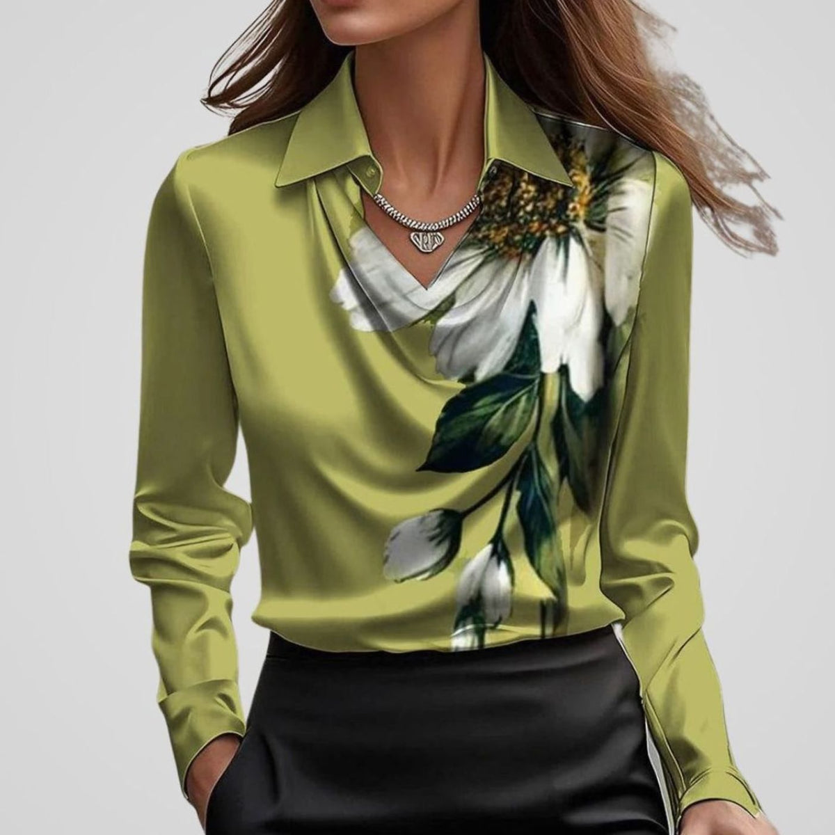 Women's Satin Blouse with Draped Cowl Neckline | Long Sleeve, Pointed Collar | Sizes XS to 2XL, Multiple Colors