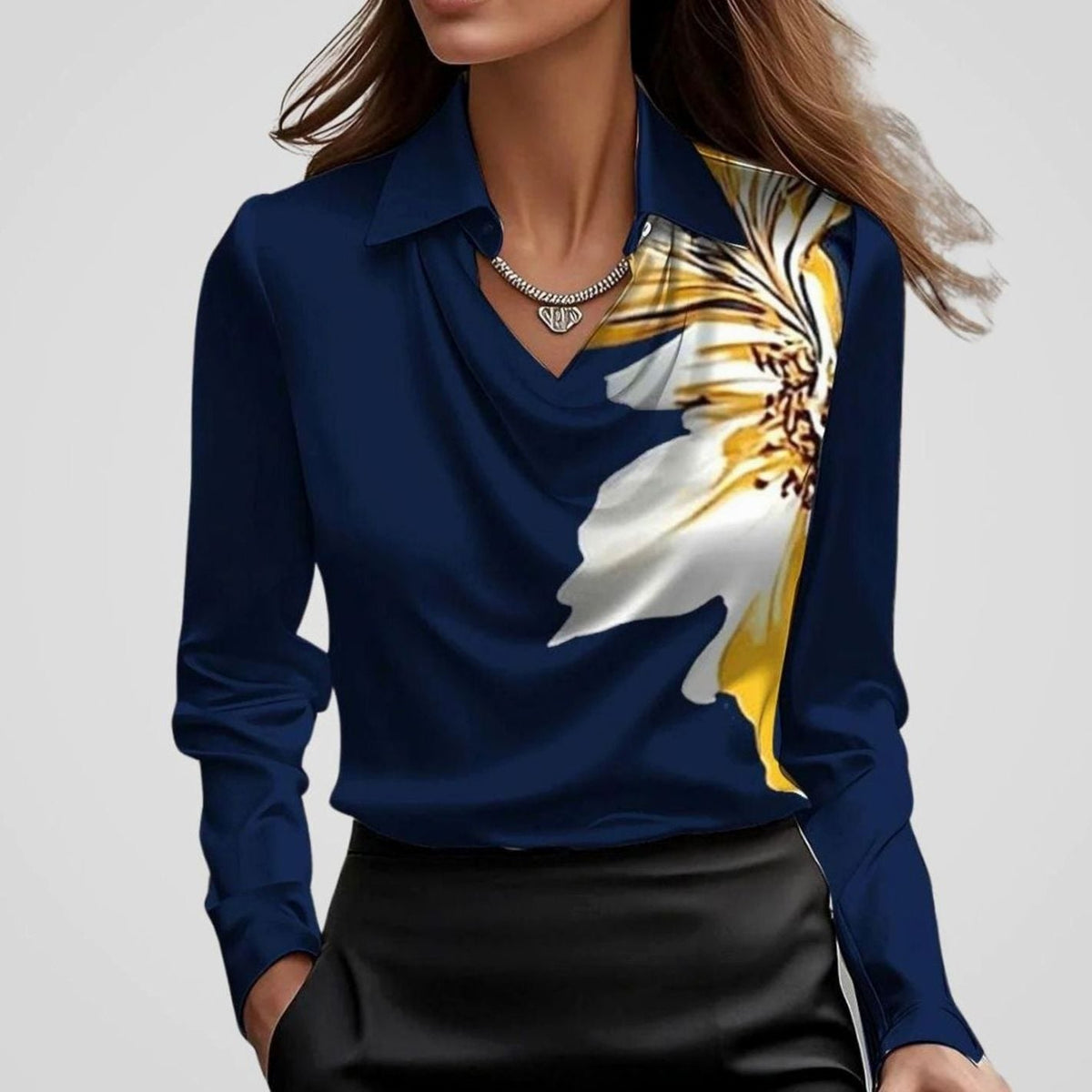 Women's Satin Blouse with Draped Cowl Neckline | Long Sleeve, Pointed Collar | Sizes XS to 2XL, Multiple Colors