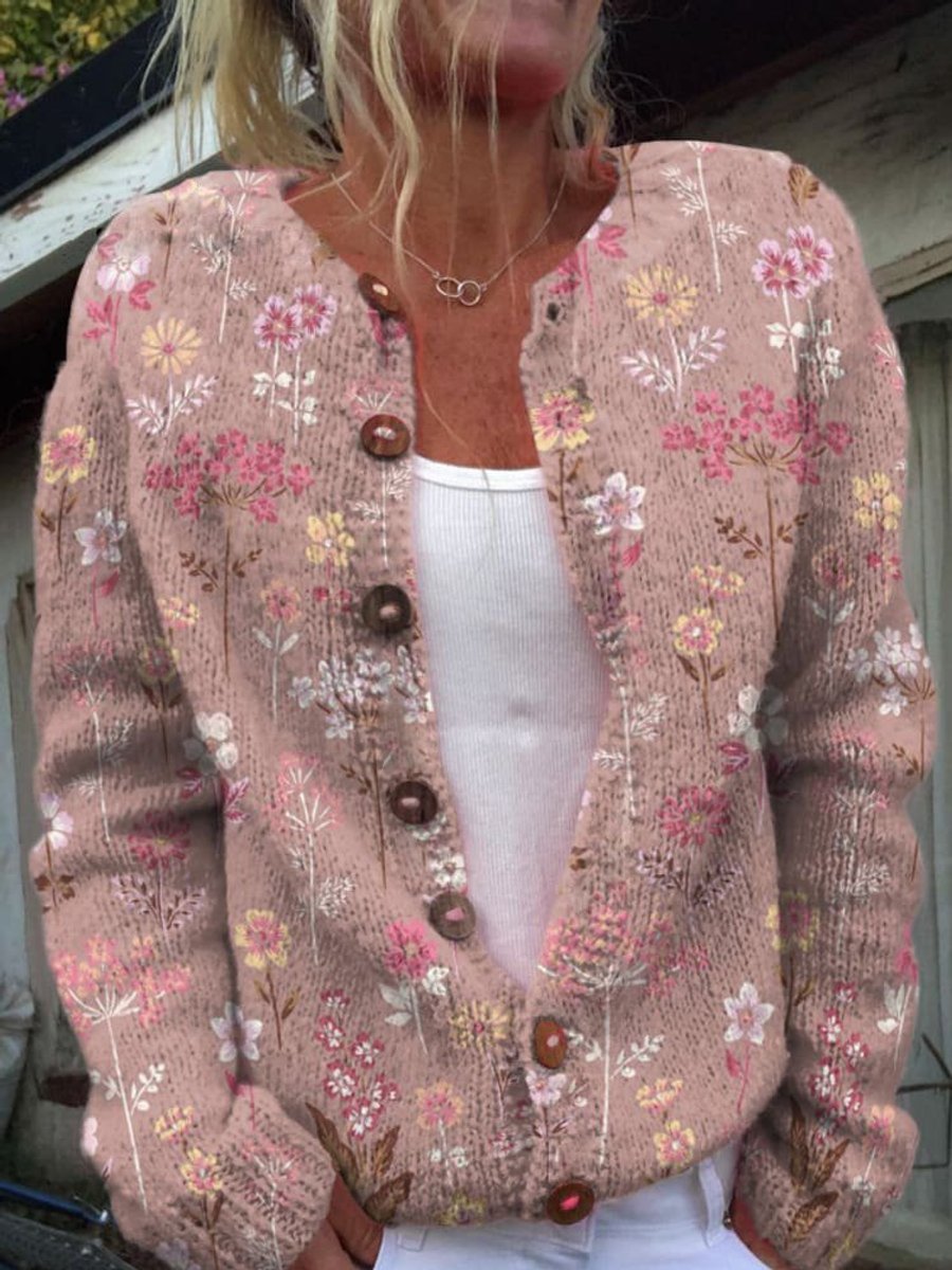 Women's Floral Embroidered Cardigan Sweater with Button Front | Relaxed Knit Layer in Romantic Style | Size S-5XL