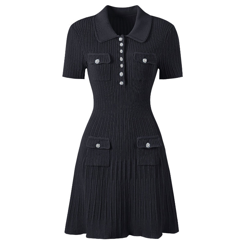 Women's Mini Knit Dress with Polo Collar and Flap Pockets | Ribbed Fit and Flare Shape, Short Sleeves | 4 Colors
