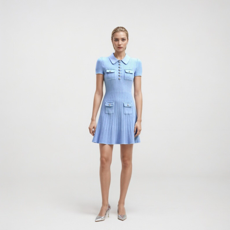 Women's Mini Knit Dress with Polo Collar and Flap Pockets | Ribbed Fit and Flare Shape, Short Sleeves | 4 Colors