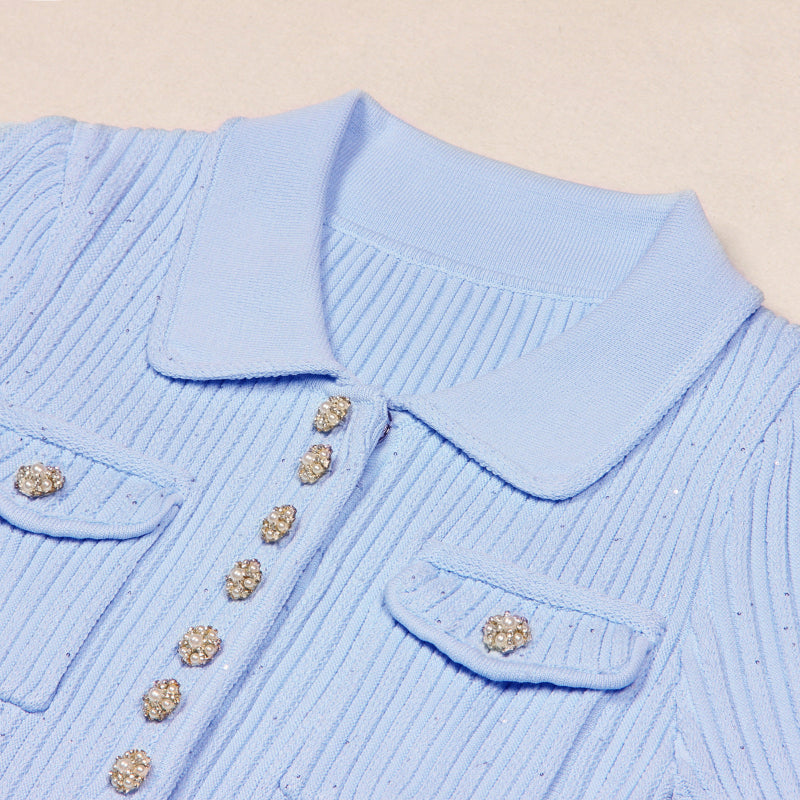 Women's Mini Knit Dress with Polo Collar and Flap Pockets | Ribbed Fit and Flare Shape, Short Sleeves | 4 Colors