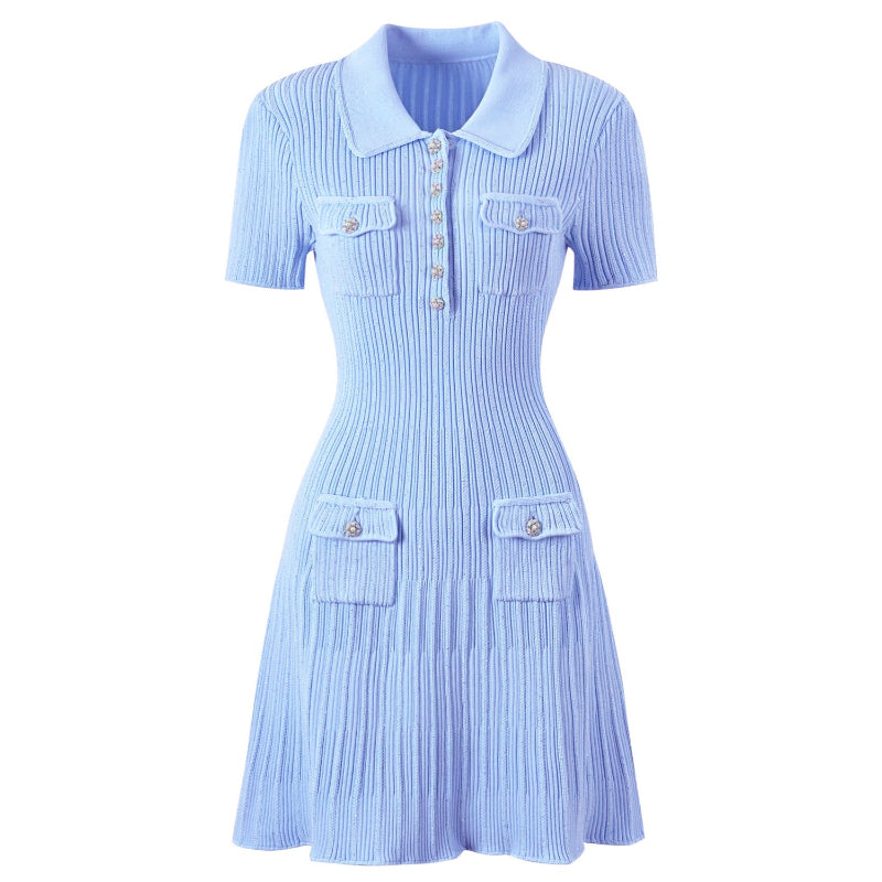 Women's Mini Knit Dress with Polo Collar and Flap Pockets | Ribbed Fit and Flare Shape, Short Sleeves | 4 Colors