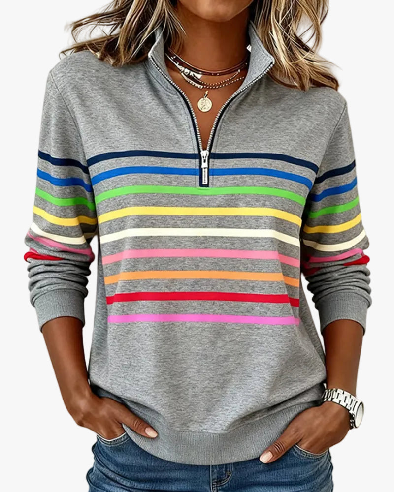 Women's Striped Quarter Zip Pullover Sweater with Stand Collar | Casual Fall Knit with Ribbed Cuffs and Hem | Size S-3XL
