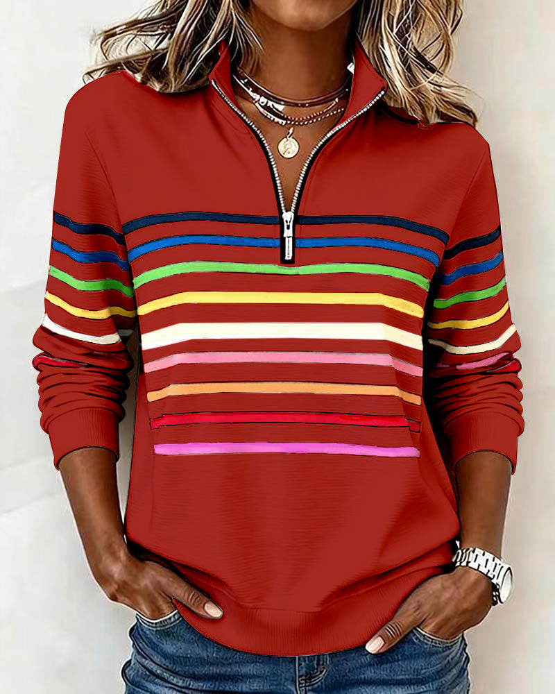 Women's Striped Quarter Zip Pullover Sweater with Stand Collar | Casual Fall Knit with Ribbed Cuffs and Hem | Size S-3XL