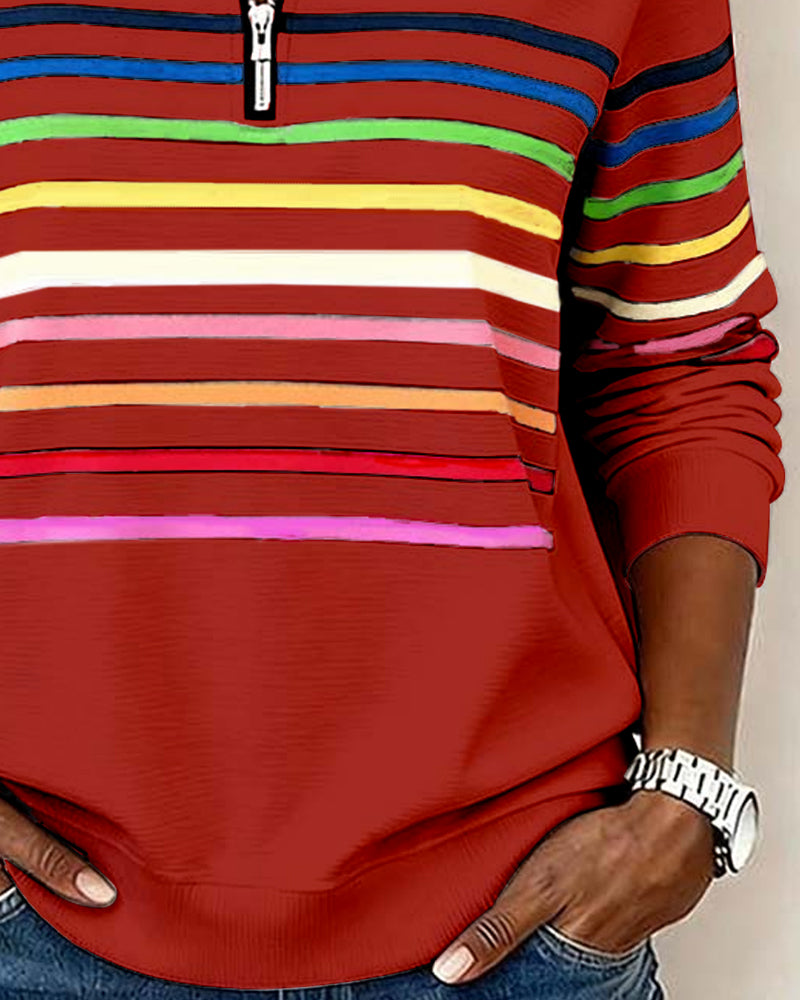 Women's Striped Quarter Zip Pullover Sweater with Stand Collar | Casual Fall Knit with Ribbed Cuffs and Hem | Size S-3XL