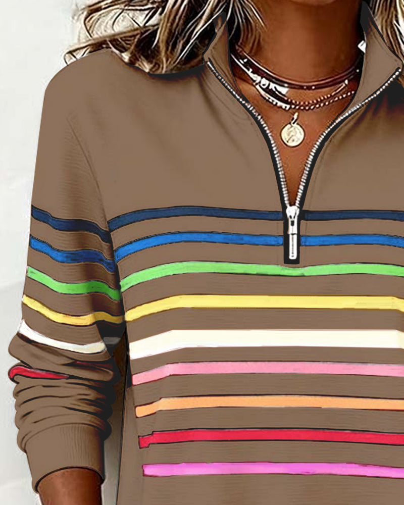Women's Striped Quarter Zip Pullover Sweater with Stand Collar | Casual Fall Knit with Ribbed Cuffs and Hem | Size S-3XL