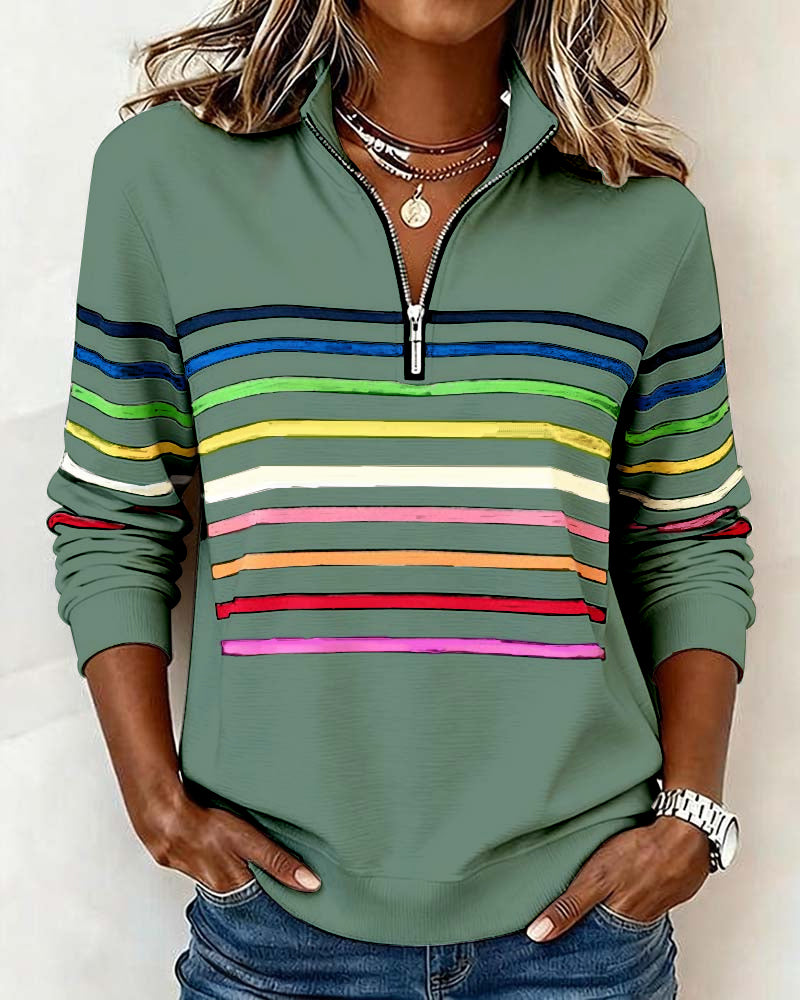 Women's Striped Quarter Zip Pullover Sweater with Stand Collar | Casual Fall Knit with Ribbed Cuffs and Hem | Size S-3XL