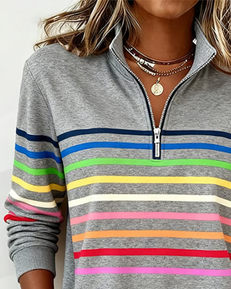 Women's Striped Quarter Zip Pullover Sweater with Stand Collar | Casual Fall Knit with Ribbed Cuffs and Hem | Size S-3XL