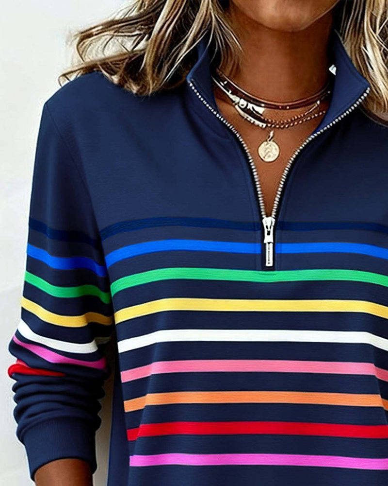 Women's Striped Quarter Zip Pullover Sweater with Stand Collar | Casual Fall Knit with Ribbed Cuffs and Hem | Size S-3XL