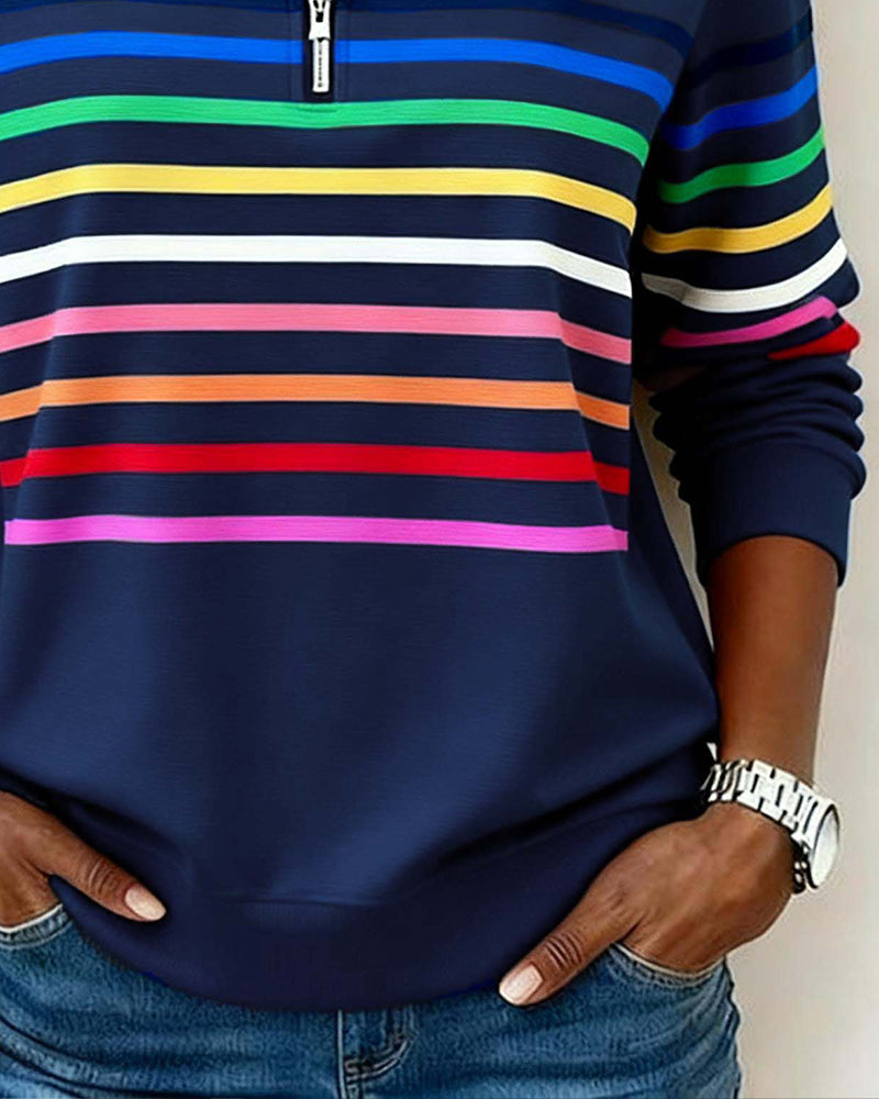 Women's Striped Quarter Zip Pullover Sweater with Stand Collar | Casual Fall Knit with Ribbed Cuffs and Hem | Size S-3XL