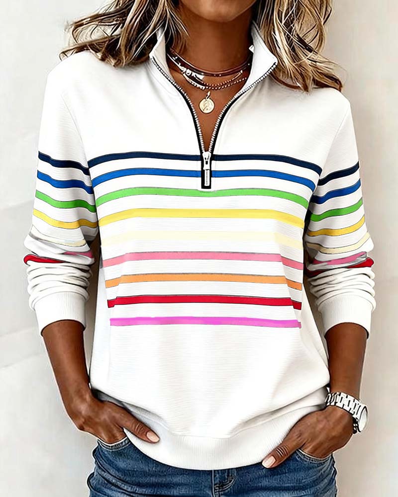 Women's Striped Quarter Zip Pullover Sweater with Stand Collar | Casual Fall Knit with Ribbed Cuffs and Hem | Size S-3XL