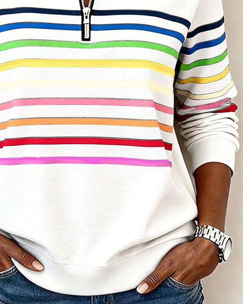 Women's Striped Quarter Zip Pullover Sweater with Stand Collar | Casual Fall Knit with Ribbed Cuffs and Hem | Size S-3XL