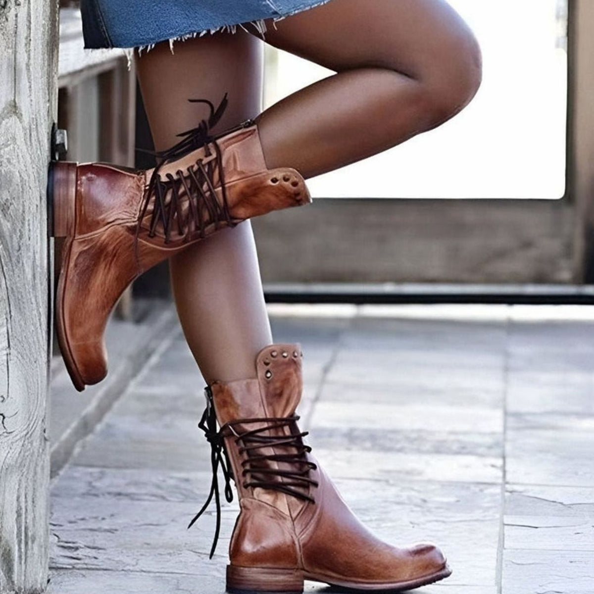 Women's Block Heel Boots in a Leather Look | Back Lacing, Studded Cuff, Side Zip Entry | 3 Colors