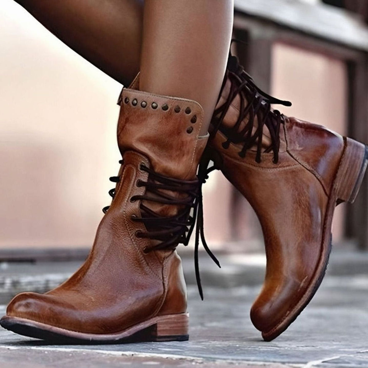 Women's Block Heel Boots in a Leather Look | Back Lacing, Studded Cuff, Side Zip Entry | 3 Colors