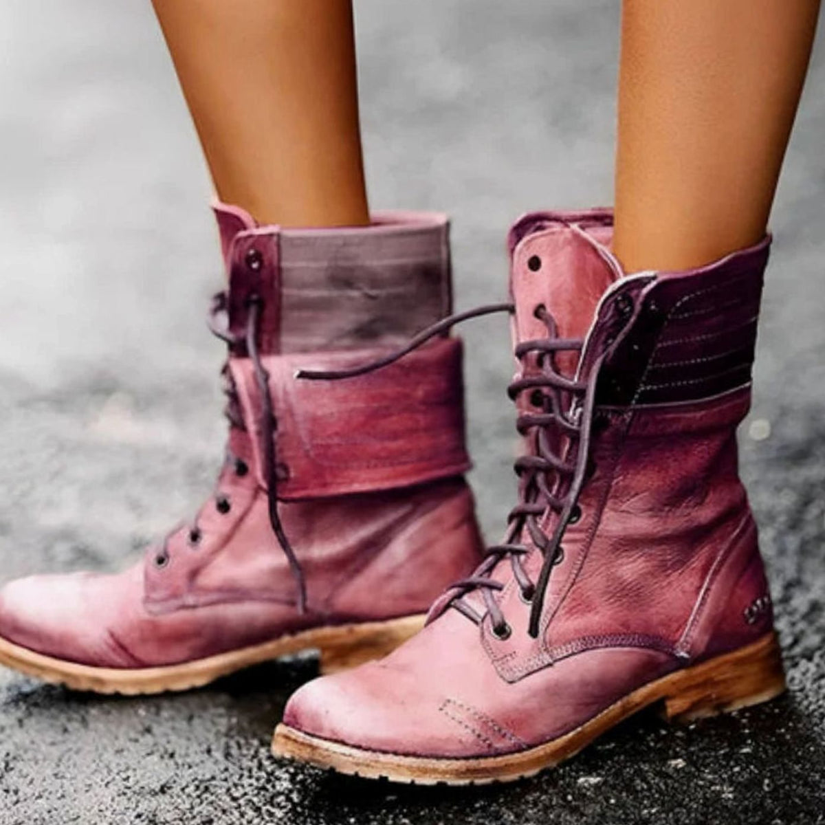 Women's Lace Up Combat Boots with a Foldover Cuff | Distressed Faux Leather, Cushioned Insole | Sizes 4-12, 3 Colors