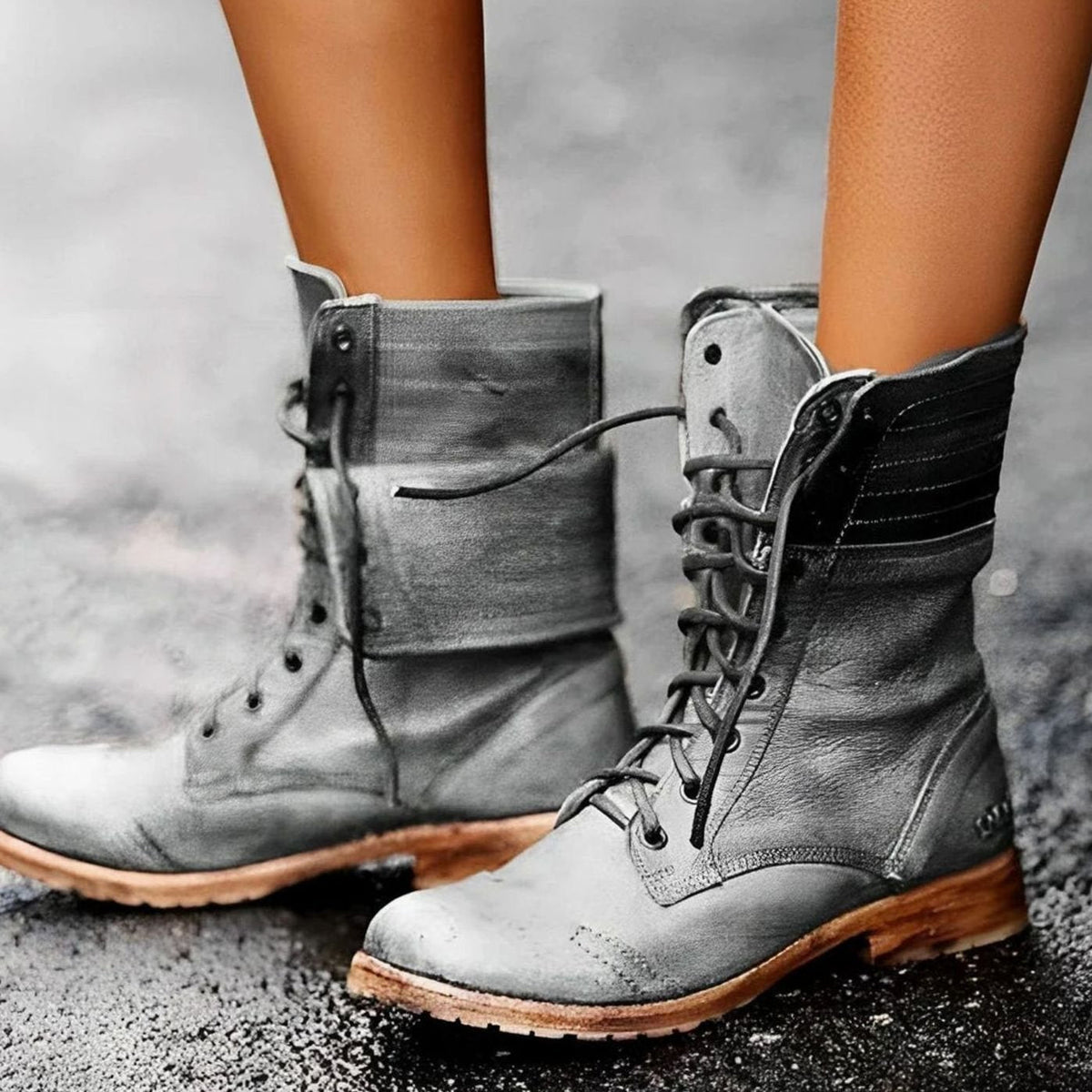Women's Lace Up Combat Boots with a Foldover Cuff | Distressed Faux Leather, Cushioned Insole | Sizes 4-12, 3 Colors