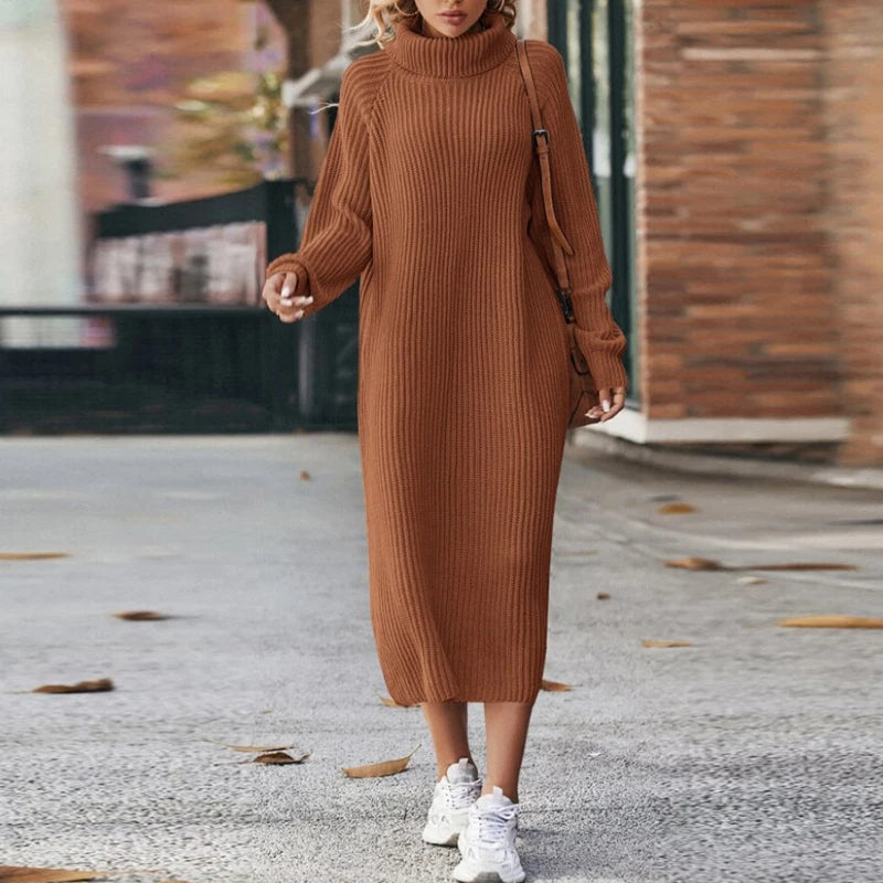 Women's Long Knit Dress with Roll Neck | Chunky Ribbed Texture, Oversized Fit, Side Slit Hem | Sizes S-XL, 2 Colors