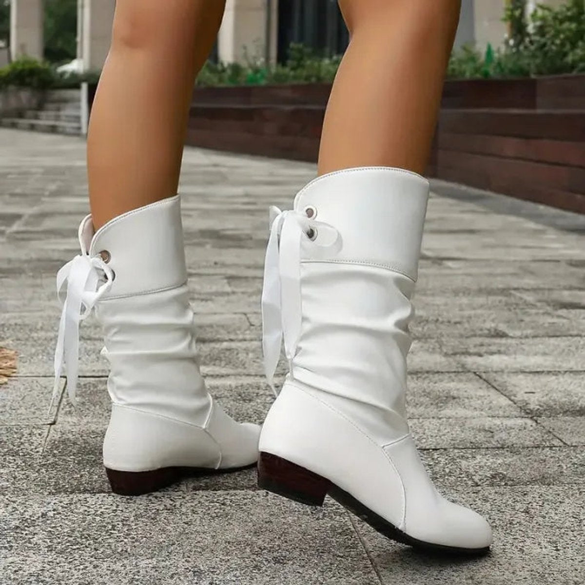 Women's Slouchy Boots in Faux Leather | Back Lace Up Ribbon, Low Block Heel, Mid Calf Shaft | 3 Colors