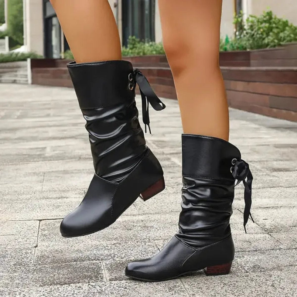 Women's Slouchy Boots in Faux Leather | Back Lace Up Ribbon, Low Block Heel, Mid Calf Shaft | 3 Colors