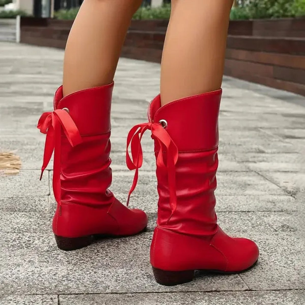 Women's Slouchy Boots in Faux Leather | Back Lace Up Ribbon, Low Block Heel, Mid Calf Shaft | 3 Colors
