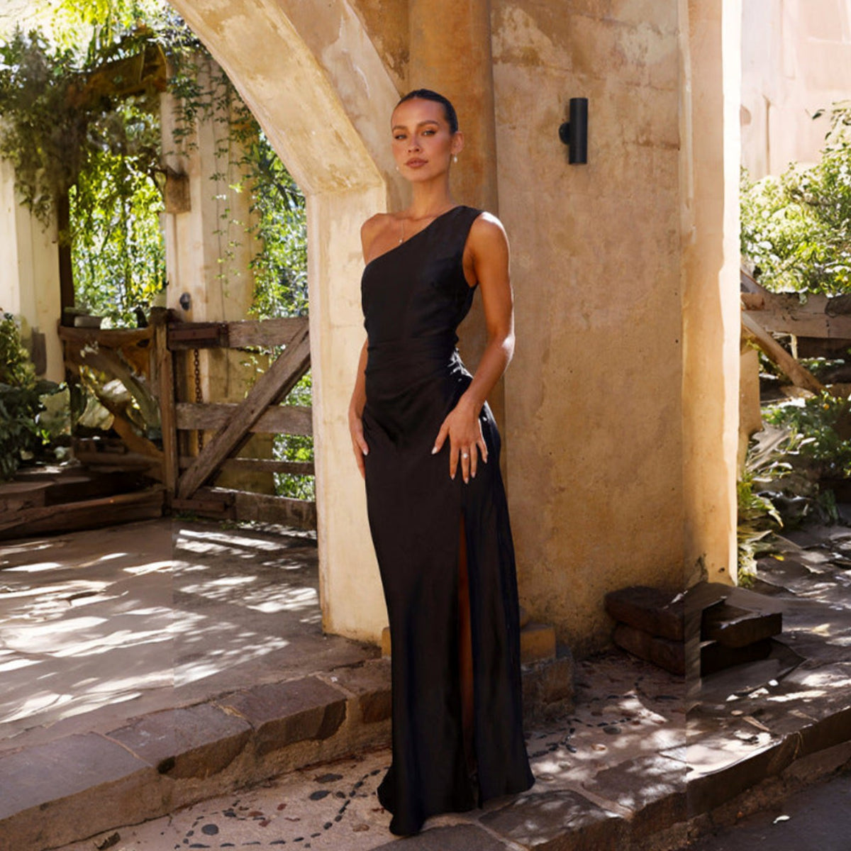 Women's One Shoulder Satin Maxi Dress with Thigh High Slit | Ruched Waist, Floor Length | Sizes S to XL, 4 Colors