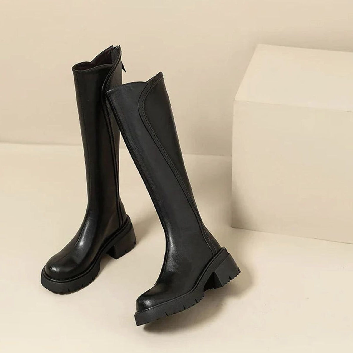 Women's Knee High Boots in Leather | Back Zip Closure, Lug Sole and Tall Streamlined Shaft | 2 Colors