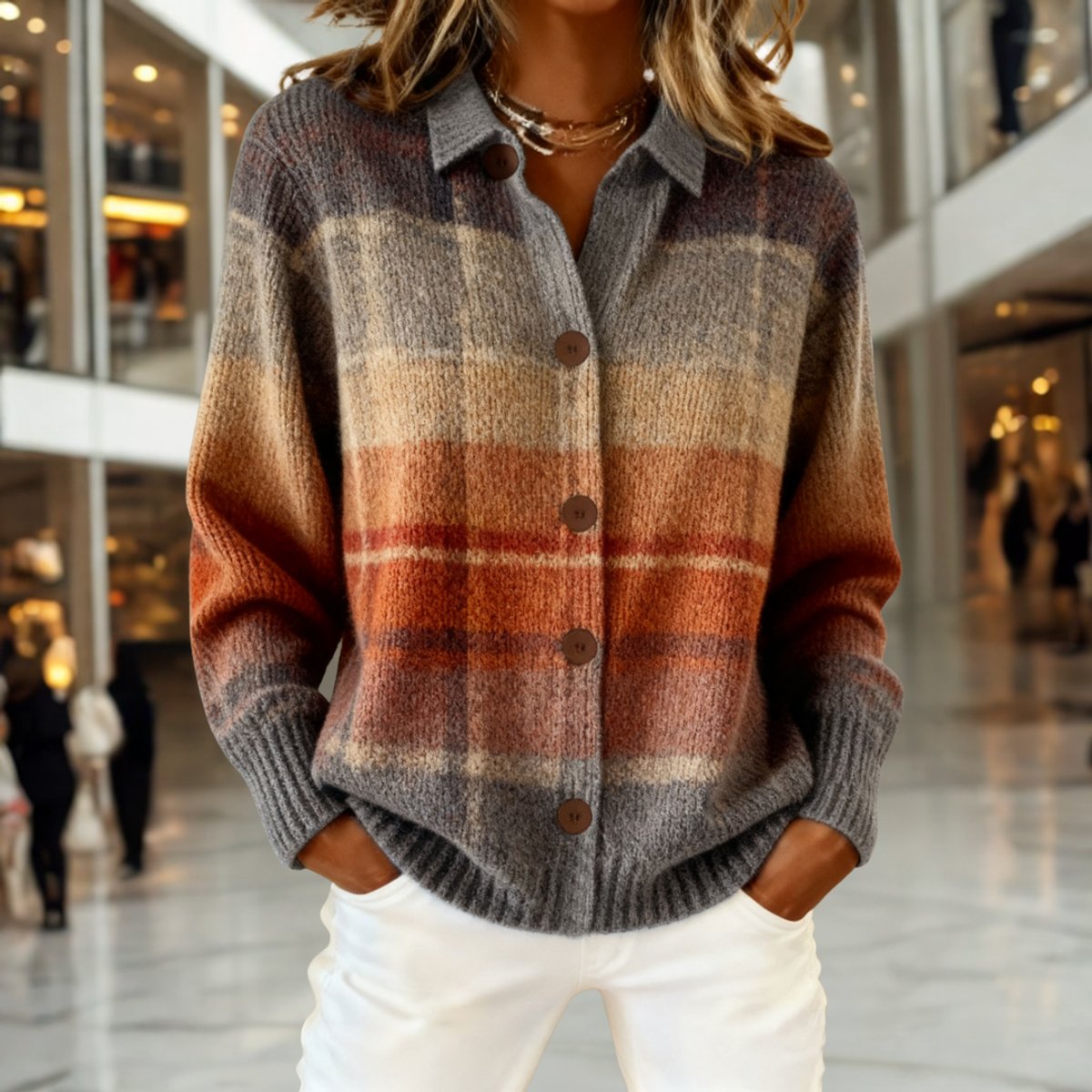 Women's Plaid Cardigan Sweater with Collar and Wooden Buttons | Ombre Knit Button-Down for Fall and Winter | Size S-5XL
