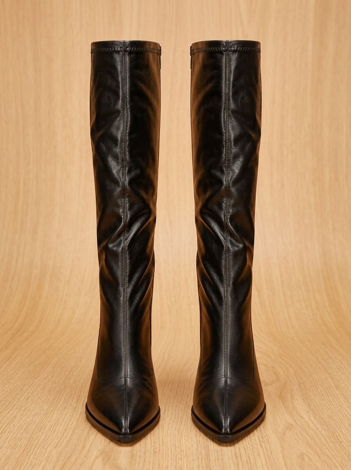 Women's Pointed Toe Knee High Boots in Smooth Faux Leather | Chunky Block Heel, Tall Fitted Shaft | 2 Colors