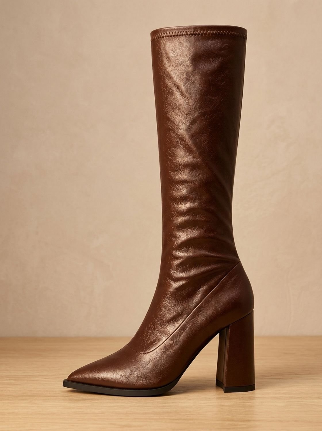 Women's Pointed Toe Knee High Boots in Smooth Faux Leather | Chunky Block Heel, Tall Fitted Shaft | 2 Colors
