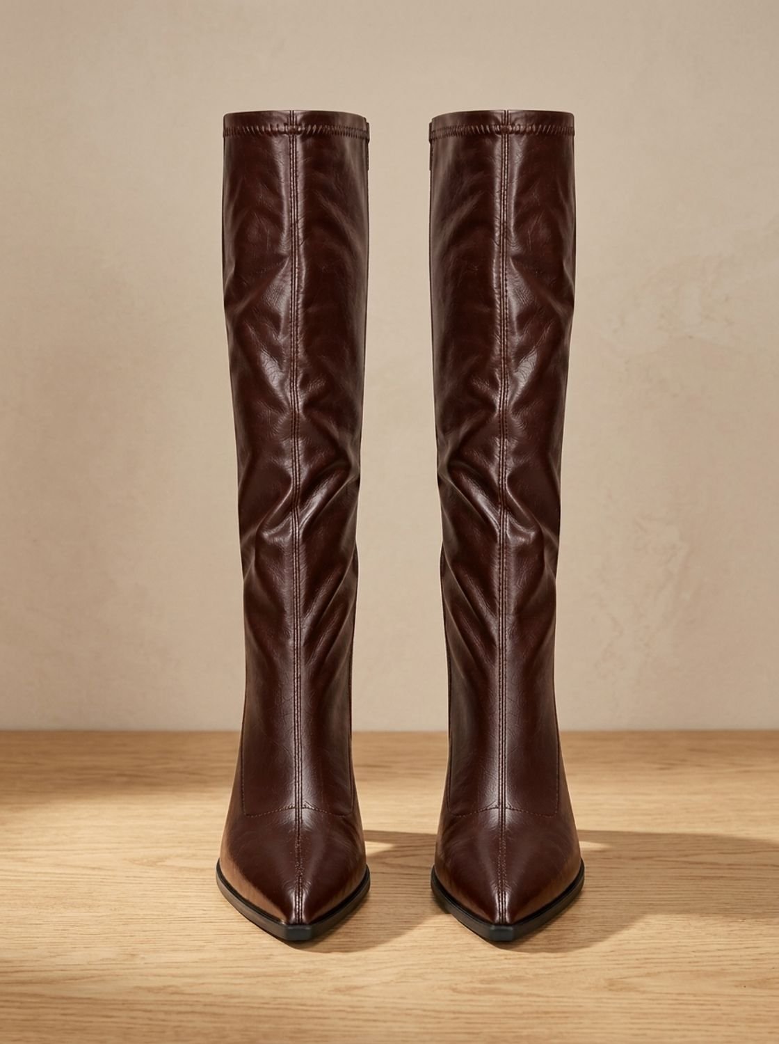 Women's Pointed Toe Knee High Boots in Smooth Faux Leather | Chunky Block Heel, Tall Fitted Shaft | 2 Colors