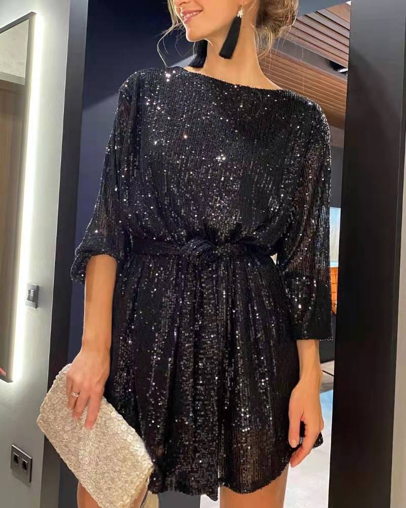 Women's Sequin Long Sleeve Mini Dress with Tie Belt | Boat Neckline, Blouson Bodice | Sizes XS to 3XL, 5 Colors